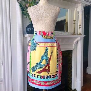 VINTAGE LOUIS FERAUD Silk “Paris Scarf” Print High Waisted Pencil Skirt Size 10